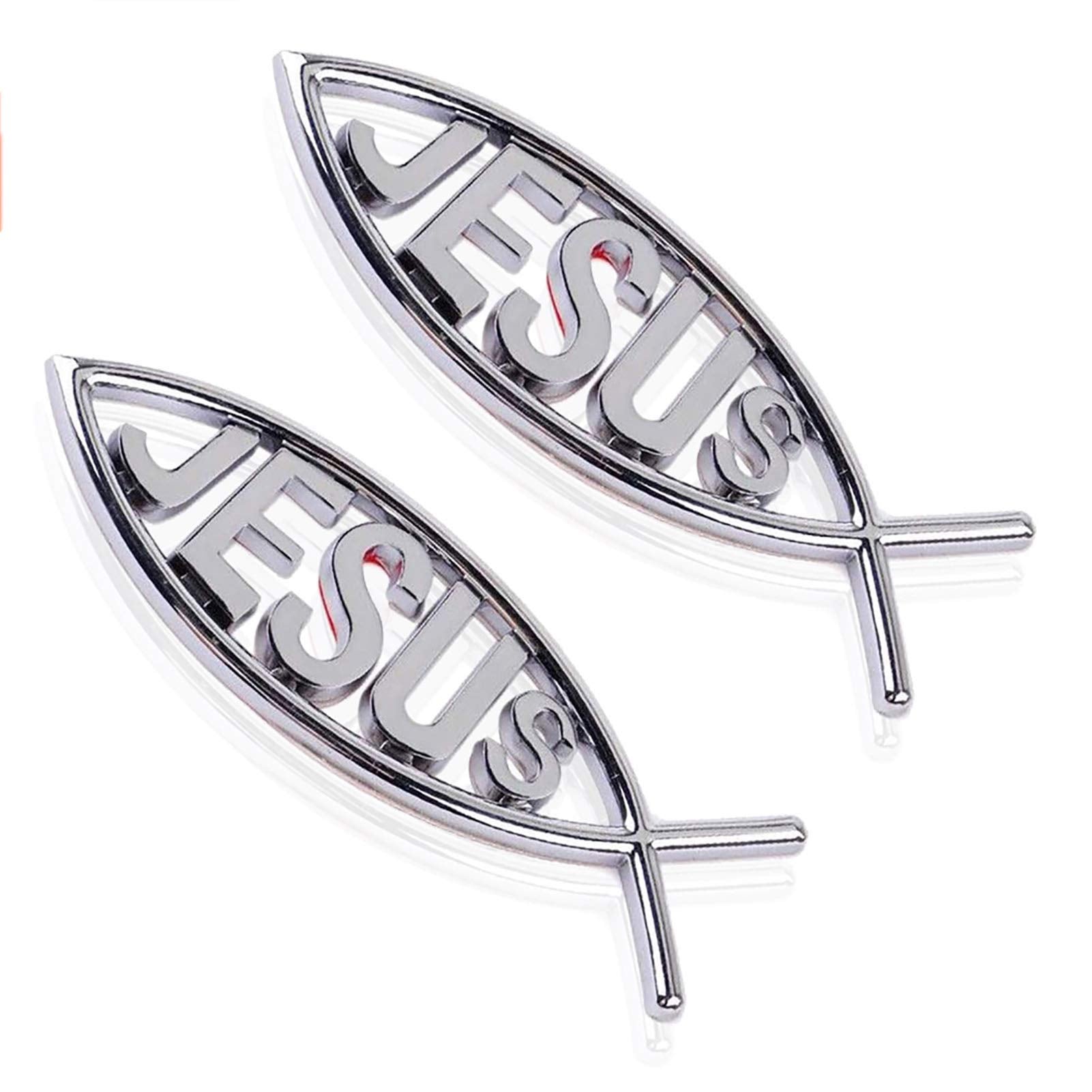 Meetcute 2Pcs Jesus Fish Decal Sticker Silver,3D Car Chrome Decal Emblem Sticker Religious God For Jesus Christian Fish Symbol